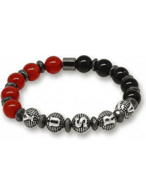 Tesbihane Isme Özel Yazılı Küre Kesim Kırmızı Siyah Akik Oniks Hematit Doğaltaş Kadın Taraftar Bileklik