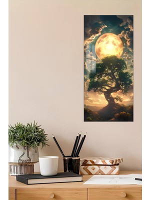 KutuTR 3D Görünümlü Temperli Cam Tablo – Dolunay ve Ağaç Silüeti Temalı Uv Baskı 30X60 cm - DCT115