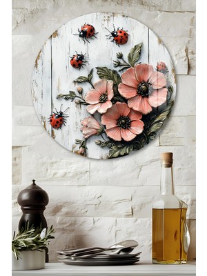 KutuTR 3D Görünümlü Temperli Cam Tablo-Uğur Böcekleri ve Pembe Çiçekler Duvar Süsü Uv Baskı 33X33 CM-CDS147