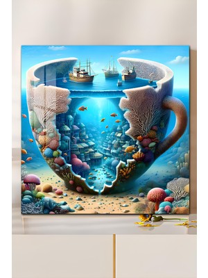 KutuTR 3D Görünümlü Temperli Cam Tablo – Deniz Altı Şehir ve Gemi Temalı Uv Baskı 33X33 CM-CTK118