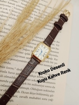 Trendy Retro Vintage Kadın Kol Saati- Gold Kasa- Oval Model- Koyu Kahve Kroko Desenli Kordon TT0054