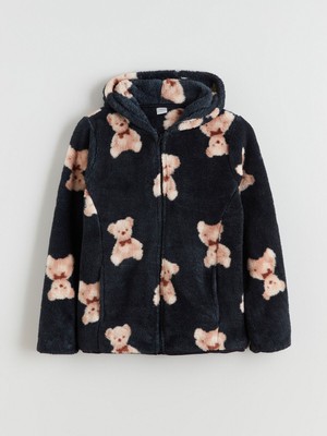 LC Waikiki Kapüşonlu Fermuarlı Kız Çocuk Sweatshirt Kalın Pelüş Kumaşlı Ayı Desenli