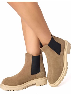 RUJO Kum Beji Hakiki Deri Süet Lastikli Chealsea Kadın Bot