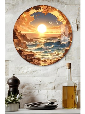 KutuTR 3D Görünümlü Temperli Cam Tablo – Gün Batımı ve Dalga Manzarası Duvar Süsü Uv Baskı 33X33 CM-CDS137