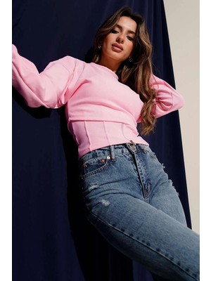 Bosel Fitilli Bisiklet Yaka Ikili Bluz Pembe T4341