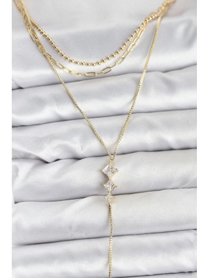 Marsilyan Pirinç Gold Renk Zirkon Taş Detaylı 3'lü Kombin Y Kadın Kolye - TJ-BKO10691