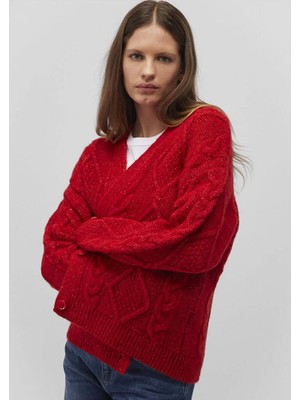 Mavi Düğmeli Kırmızı Kadın Hırka M1710587-84182