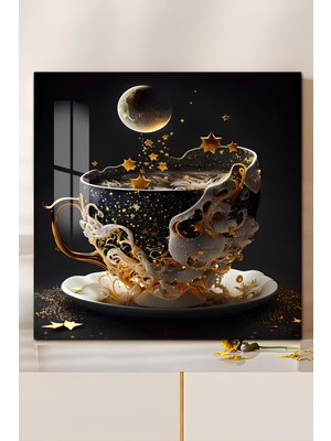 KutuTR 3D Görünümlü Temperli Cam Tablo – Yıldızlı Kahve Fincanı Temalı Uv Baskı 33X33 CM-CTK115