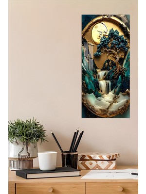 KutuTR 3D Görünümlü Temperli Cam Tablo – Ay Işığı, Şelale ve Ağaç Manzarası Uv Baskı 30X60 cm - DCT111