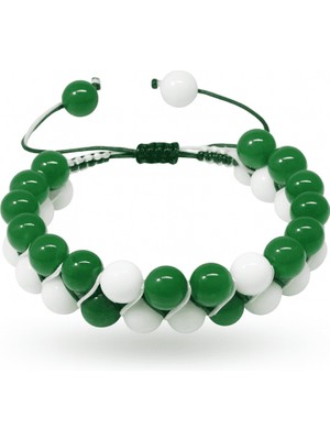Tesbihane Çift Sıra Makrome Örgülü Küre Kesim Yeşil Beyaz Jade Doğaltaş Kadın Taraftar Bileklik