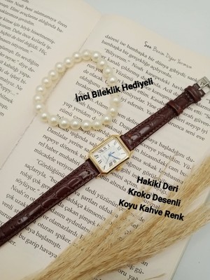 Trendy Retro Vintage Kadın Kol Saati- Gold Kasa- Oval Model- Hakiki Deri Koyu Kahve Kroko Kordon TT0054