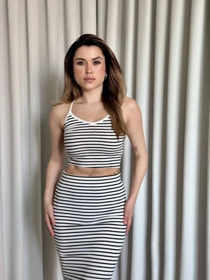 Bosel Çizgili Etek Crop Takım