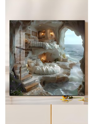 KutuTR 3D Görünümlü Temperli Cam Tablo – Mağara Içinde Deniz Manzaralı Oda Uv Baskı 33X33 CM-CTK142