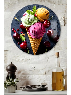 KutuTR 3D Görünümlü Temperli Cam Tablo – Dondurma ve Meyve Temalı Duvar Süsü Uv Baskı 33X33 CM-CDS134