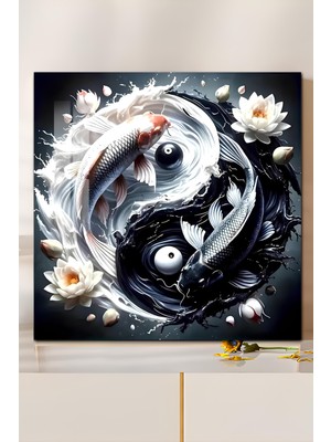 KutuTR 3D Görünümlü Temperli Cam Tablo – Yin Yang Koi Balıkları Temalı Uv Baskı 33X33 CM-CTK137