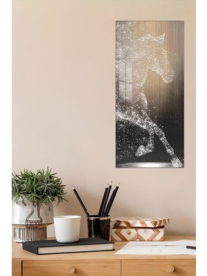 KutuTR 3D Görünümlü Temperli Cam Tablo – Gümüş Koşan At Figürü Temalı Uv Baskı 30X60 cm - DCT120