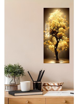 KutuTR 3D Görünümlü Temperli Cam Tablo – Altın Yapraklı Ağaç ve Işık Yansıması Uv Baskı 30X60 Cm- DCT108
