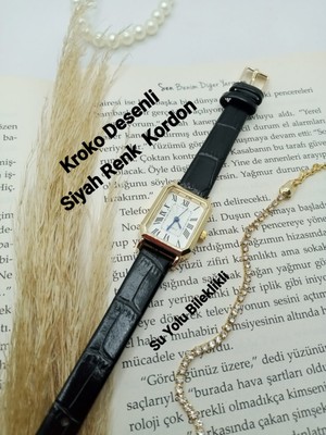 Trendy Retro Vintage Kadın Kol Saati- Gold Kasa- Oval Model- Siyah Kroko Desenli Kordon TT0054