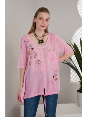 Alışveriş Sokağı Viskon Kumaş Kuş Çiçek Baskılı Pembe Yazlık Salaş Kadın Bluz