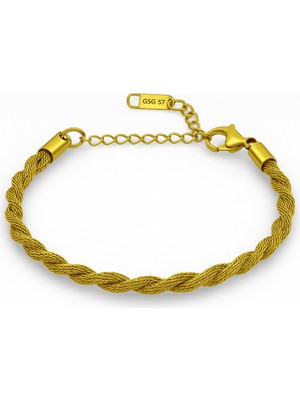 Tesbihane Kadın Çelik Bileklik - Kalın Burma Model - Altın Renk