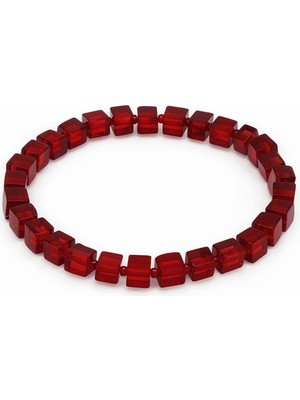 Tesbihane Bayrak Kırmızı Küp Kesim Doğal Damla Kehribar Kadın Bileklik