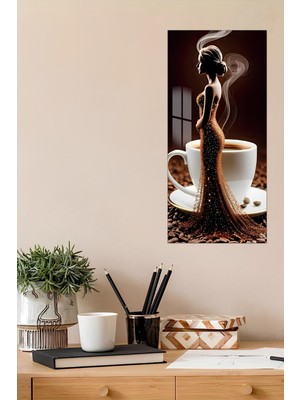 KutuTR 3D Görünümlü Temperli Cam Tablo – Kahve Kadın Silüeti Temalı Uv Baskı 30X60 cm - DCT147