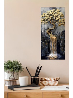 KutuTR 3D Görünümlü Temperli Cam Tablo – Altın Şelaleli Ağaç Temalı Uv Baskı 30X60 Cm- DCT113