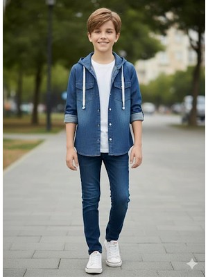 Bosel 5-9 Yaş Arası Erkek Çocuk Kapşonlu Kot Ceket Mavi