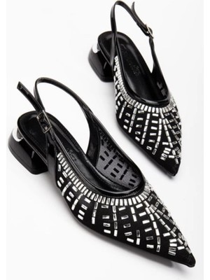 Bosel Piyar Siyah Taşlı Topuklu Ayakkabı