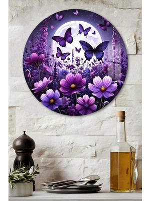 KutuTR 3D Görünümlü Temperli Cam Tablo –mor Kelebekler ve Çiçek Bahçesi Duvar Süsü Uv Baskı 33X33 CM-CDS145