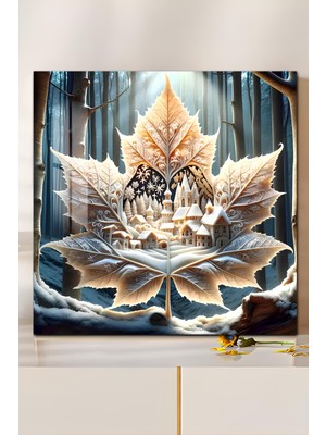 KutuTR 3D Görünümlü Temperli Cam Tablo – Kış Temalı Yaprak Şehir Duvar Süsü Uv Baskı 33X33 CM-CTK147