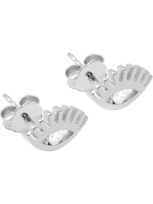 Tesbihane Beyaz Zirkon Tek Taşlı Göz Tasarım Gümüş Renk 925 Ayar Gümüş Kadın Küpe