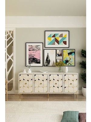 Ceneyra KA1803BTG- Moka Konsol , Tv Sehpası , Çok Amaçlı Dolap 180CM Beyaz-Traverten-Altın