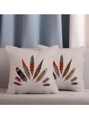 Alkan Homes 2 Li Kombin Krem Zemin Şans Tüyü Desenli Dijital Baskılı Kırlent Kılıfı