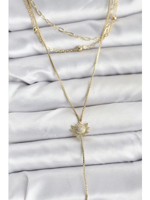 Marsilyan Pirinç Gold Renk Zirkon Taşlı Güneş Model Detaylı 3'lü Kombin Y Kadın Kolye - TJ-BKO10698