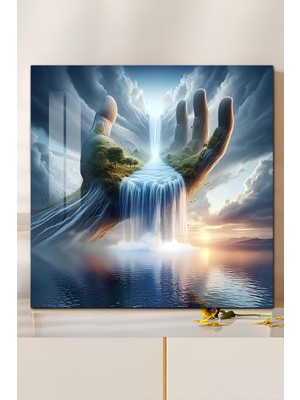 KutuTR 3D Görünümlü Temperli Cam Tablo – Ilahi El ve Şelale Temalı Uv Baskı 33X33 CM-CTK124