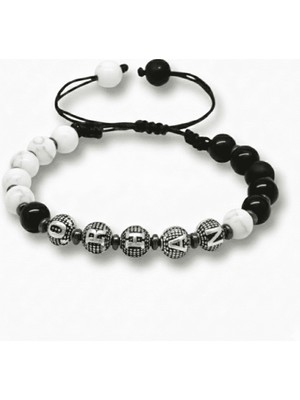 Tesbihane Isme Özel Yazılı Makrome Örgülü Küre Siyah Beyaz Jade Oniks Hematit Doğaltaş Kadın Taraftar Bileklik