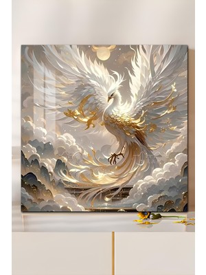 KutuTR 3D Görünümlü Temperli Cam Tablo – Altın Beyaz Anka Kuşu Temalı Uv Baskı 33X33 CM-CTK110