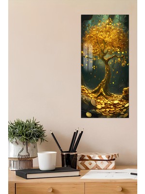 KutuTR 3D Görünümlü Temperli Cam Tablo – Altın Para Ağacı Temalı Uv Baskı 30X60 cm - DCT112