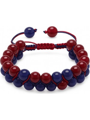 Tesbihane Çift Sıra Makrome Örgülü Küre Kesim Bordo Mavi Jade Doğaltaş Kadın Taraftar Bileklik