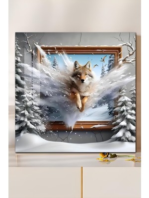 KutuTR 3D Görünümlü Temperli Cam Tablo – Kış Ormanından Sıçrayan Kurt Temalı Uv Baskı 33X33 CM-CTK129