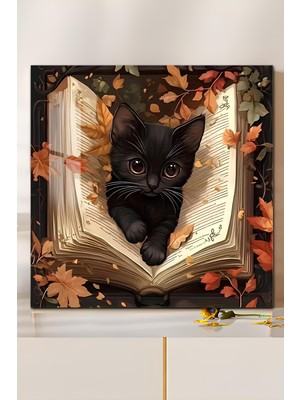 KutuTR 3D Görünümlü Temperli Cam Tablo – Siyah Kedi ve Kitap Temalı Uv Baskı 33X33 CM-CTK105