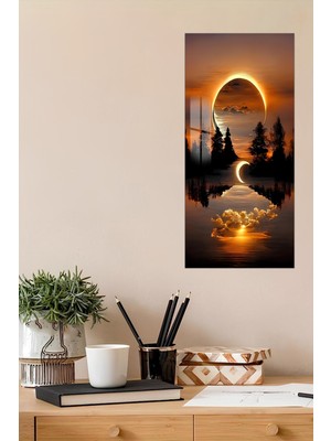KutuTR 3D Görünümlü Temperli Cam Tablo – Güneş ve Ay Tutulması Manzaralı Uv Baskı 30X60 cm - DCT138