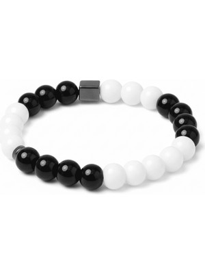 Tesbihane Küre Kesim Siyah Beyaz Jade Oniks Hematit Doğaltaş Kadın Taraftar Bileklik