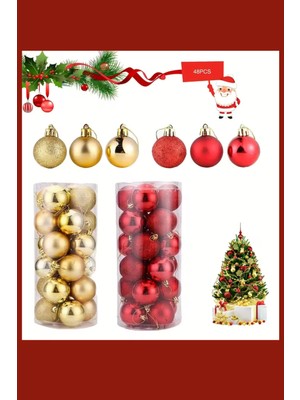 Trade Bazaar 48 Parça Noel Ağacı Süs Seti | Kırmızı & Altın Iki Tonlu Plastik Yılbaşı Topları | Çiçek Desenli Dekoratif Süsler | Kış & Tatil Temalı Asma Aksesuarları