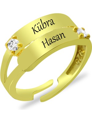 Tesbihane Zirkon Taşlı Altın Renk Ölçü Ayarlı Çift Sıra Isme Özel Harf Yazılı 925 Ayar Gümüş Kadın Yüzük