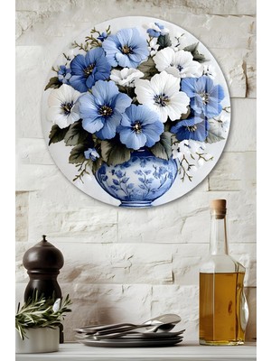 KutuTR 3D Görünümlü Temperli Cam Tablo – Mavi Beyaz Çiçekli Vazo Temalı Duvar Süsü Uv Baskı 33X33 CM-CDS149