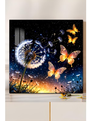 KutuTR 3D Görünümlü Temperli Cam Tablo – Parlayan Kelebekler ve Karahindiba Uv Baskı 33X33 CM-CTK141