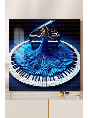 KutuTR 3D Görünümlü Temperli Cam Tablo – Mavi Elbiseli Piyanist Tasarımı Uv Baskı 33X33 CM-CTK108
