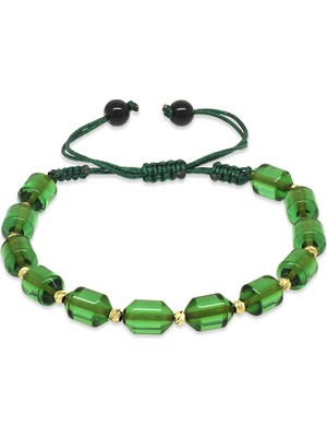 Tesbihane Makrome Örgülü Sarı Dorika Top Süslemeli Su Yeşili Ateş Kehribar Kadın Bileklik